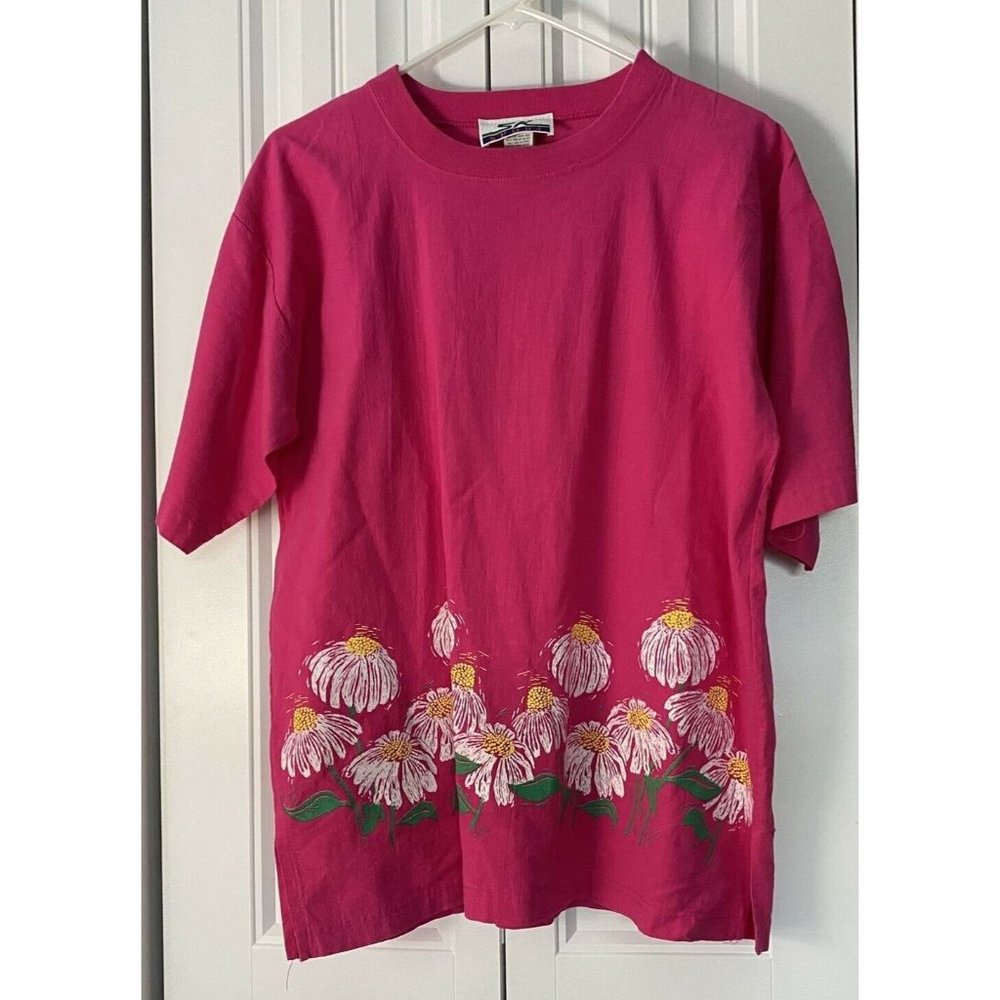 Vintage SK Sport T Shirt Pink Daisies Daisy Border Cotton Made in USA Small
